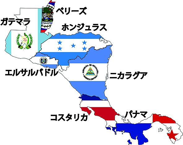 中米諸国の配置図（ガテマラ・ホンジュラス・エルサルバドル・ニカラグア等）